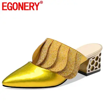 

EGONERY pajama party woman patent leather slippers summer fashion girl sandals yellow apricot high heels ollow sexy mules shoes