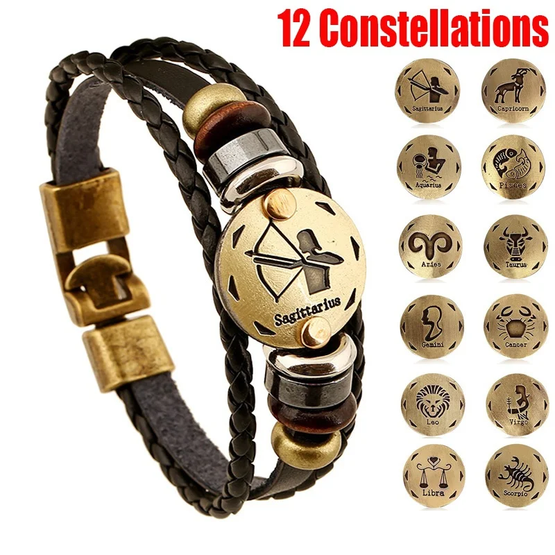 

2018 New Fashion 12 Constellations Bracelet Jewelry Leather Bracelet Men Casual Personality Zodiac Signs Punk Jewelry