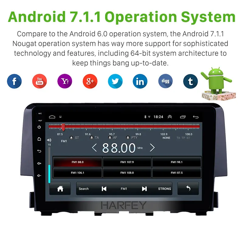 Discount Harfey car Radio for Honda Civic 2016 9" Android 8.1 HD Touchscreen GPS Navi support Carplay DVR OBD Rearview camera bluetooth 2