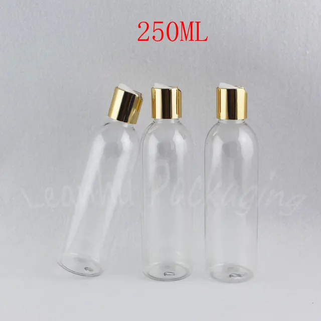 250ML Transparent Plastic Bottle With Gold Disc Top Cap , 250CC Shampoo