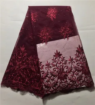 

luxury design wine lace high quality african tulle lace fabric with rhinestones 2018 nigerian lace fabrics for party dress XI2
