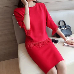New Youth Women Knitted Skirt Suits Spring Autumn 2019 Elegant Tassel Pearls Elasticity 2 Pieces of Sweater + Skirt Sets Female New Youth Women Knitted Skirt Suits Spring Autumn 2019 Elegant Tassel Pearls Elasticity 2 Pieces of Sweater + Skirt Sets Female