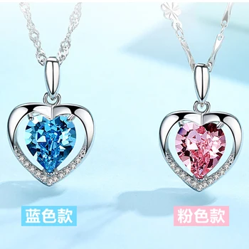 

Glamour Blue & Pink Crystal Pendant 925 Chain for Her with Box