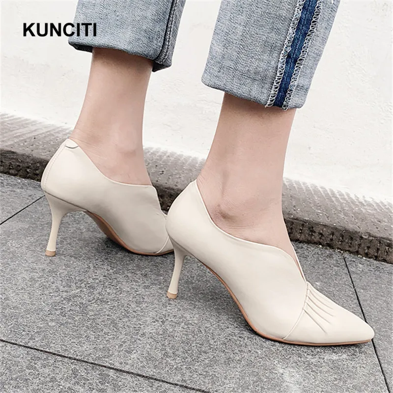 Talons Mode Femmes Véritable Cou Hauts Sexy Chaussures black Nouveau Plissée V Pompes Dames G914 Beige 2019 En Cuir Bout Designer Pointu À gCw4nq