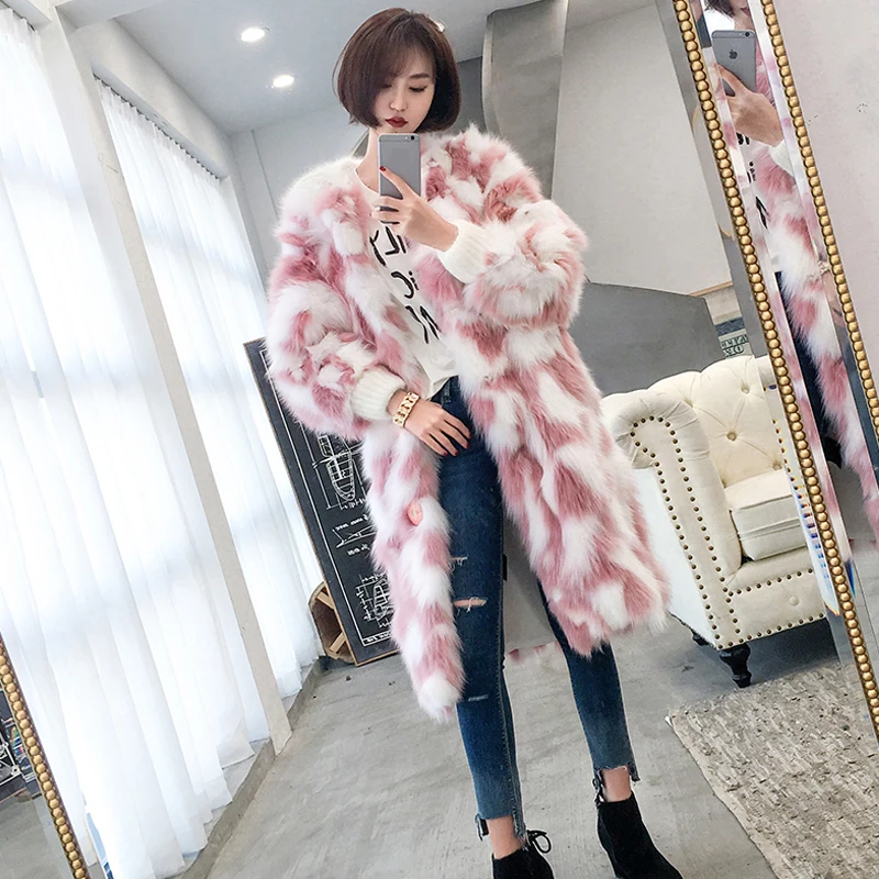 

TXJRH 2018 Pink Hairy Shaggy Faux Fur Coat High Quality Fox Hair Woman O Neck Faux Fur Long Coats Warm Outerwear