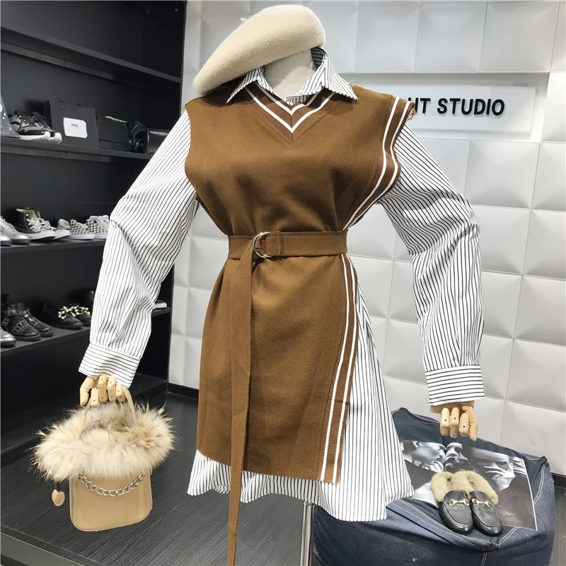 Neploe/Модный комплект из двух предметов, длинная рубашка в полоску+ жилет с поясом в консервативном стиле, коллекция года, весенне-осенние уличные костюмы Modis 69816