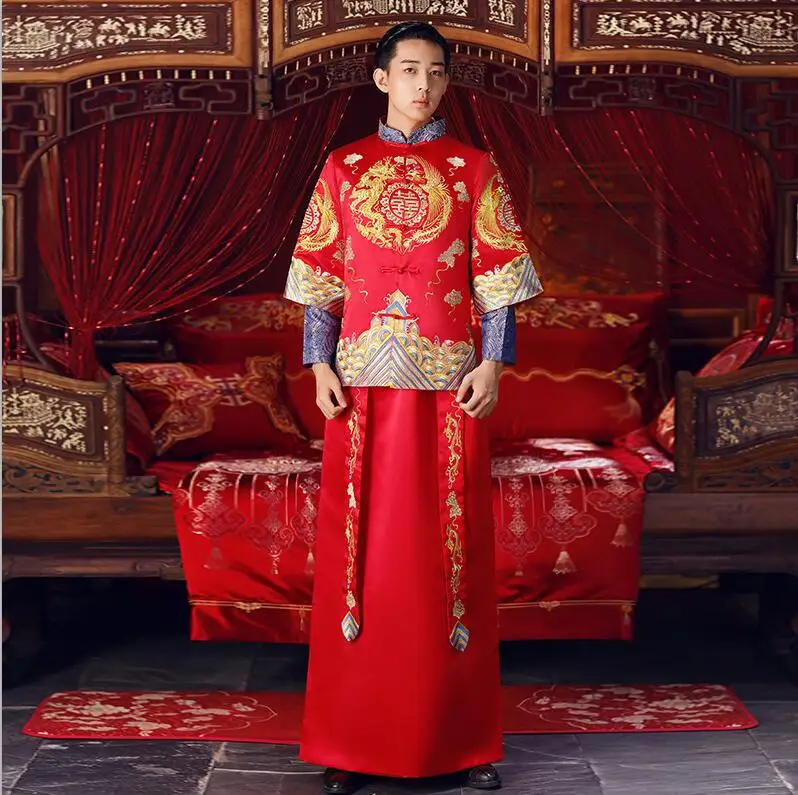 Китайская традиционная одежда невесты pratensis стильное свадебное платье женское платье с драконом тонкое cheongsam пара красное вечернее платье - Цвет: men dress