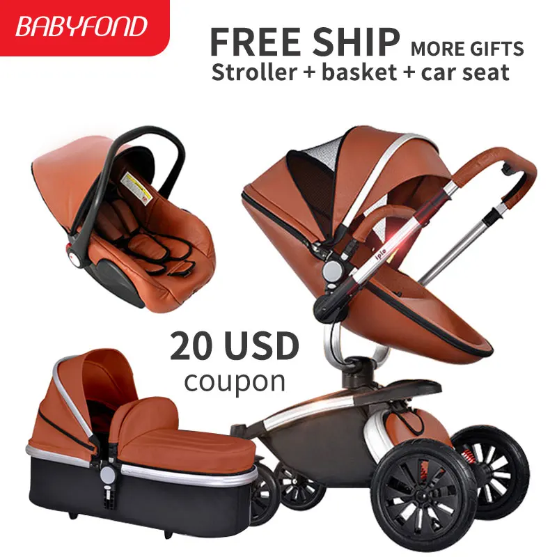 

Brand baby leather PU Baby Stroller 3 in 1 High Landscape Fold Strollers for Children Travel System Prams for Newborns Free ship