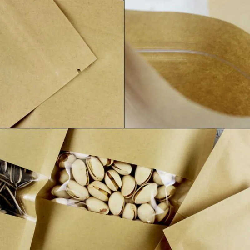 100pcs/lot Kraft Paper Pouch Packing Bag Zip Lock With Window Food Snacks Package Damp Proof 19041702