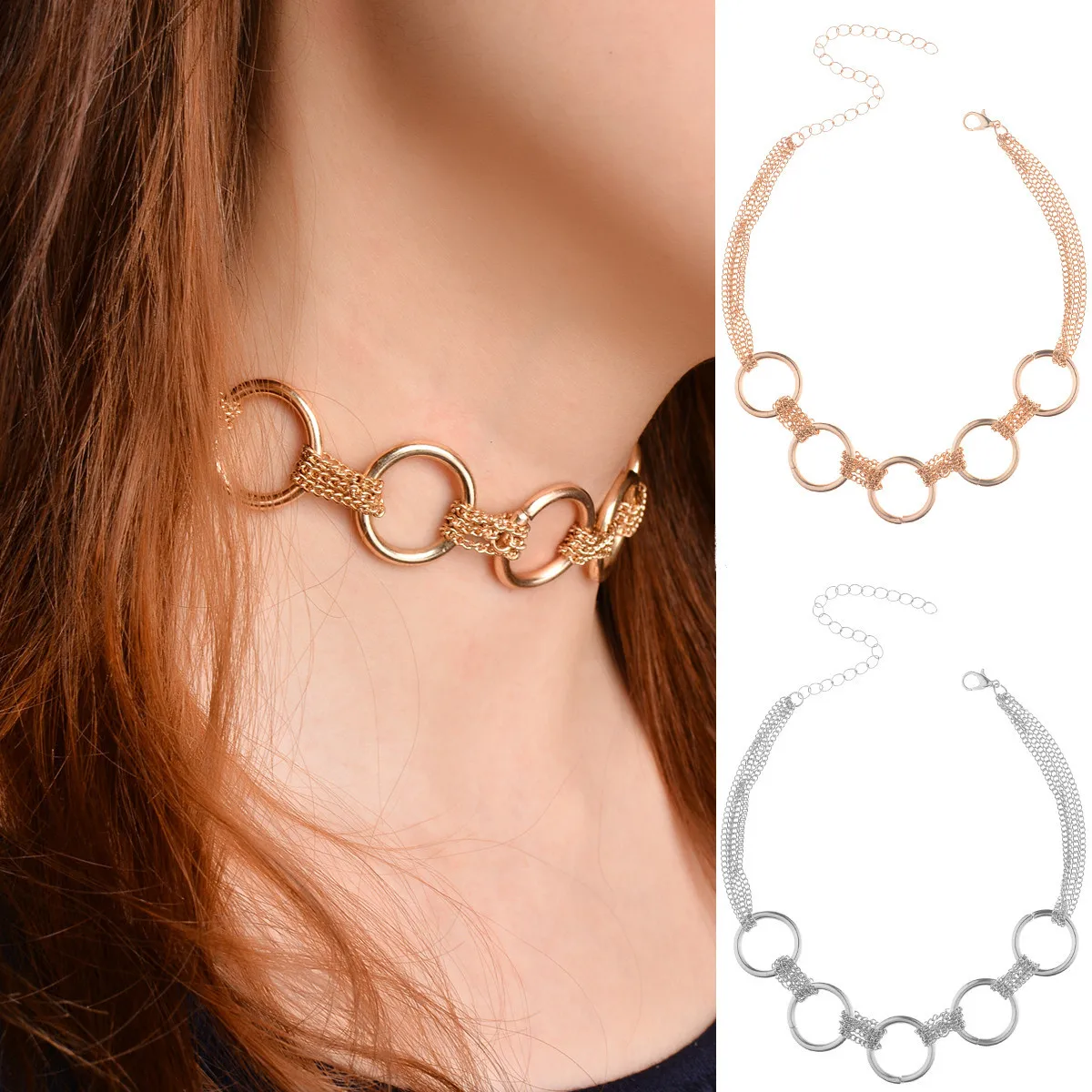 

KingDeng Choker Necklace Chain Gold Women Punk Circle Hyperbole Personality Multi-layer Fashion Zinc Alloy Snake Chain Round