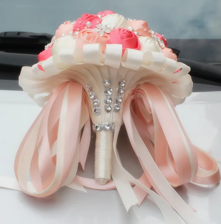 WifeLai-кораллово-розовый цвет слоновой кости шампанского с кристаллами, атласное искусственное Цветочная Лента Свадебная и Подружка невесты букет из цветов W224A