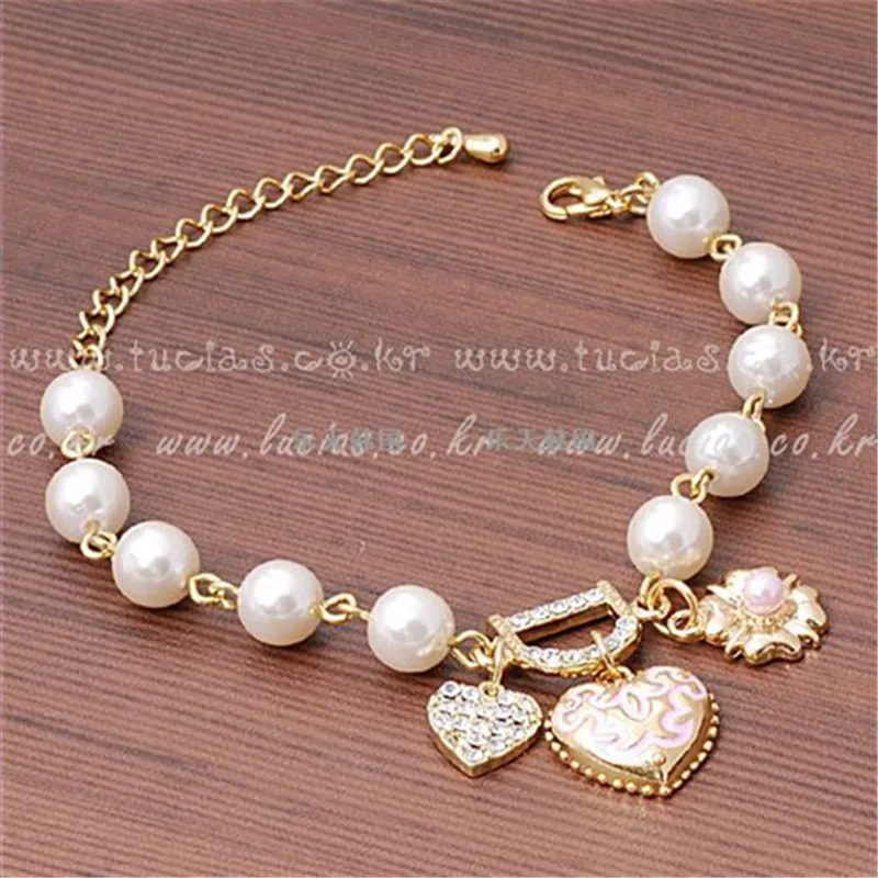 

2018 New Sweet And Lovely Imitation Pearl Beads Fashion Crystal Bracelet Heart Flowers Bracelet For beauty girl