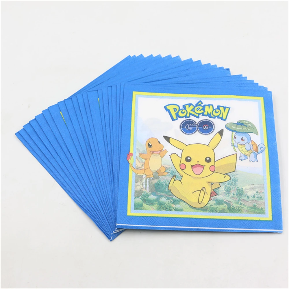

Pikachu Cartoon Wipe Happy Birthday Party Pokemon Go Theme Baby Shower Kids Favors Paper Napkins Decoration Supplies 20pcs\lot