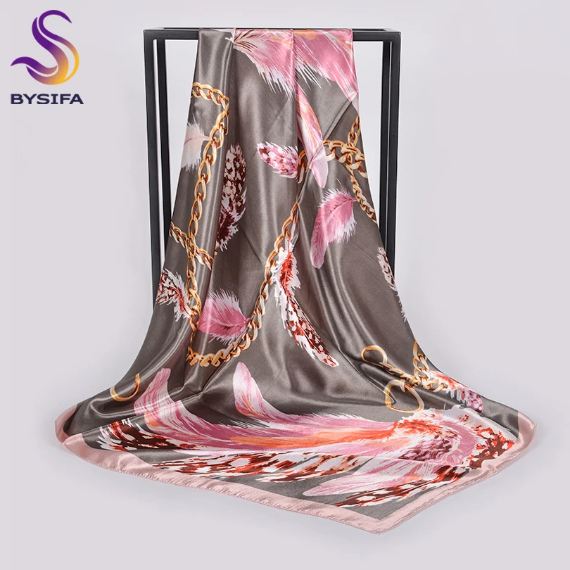 

[BYSIFA] Coffee Pink Scarves For Women Foulard New Brand Chain Feather Shawls Head Scarfs 90*90cm Satin Silk Square Scarf Hijab