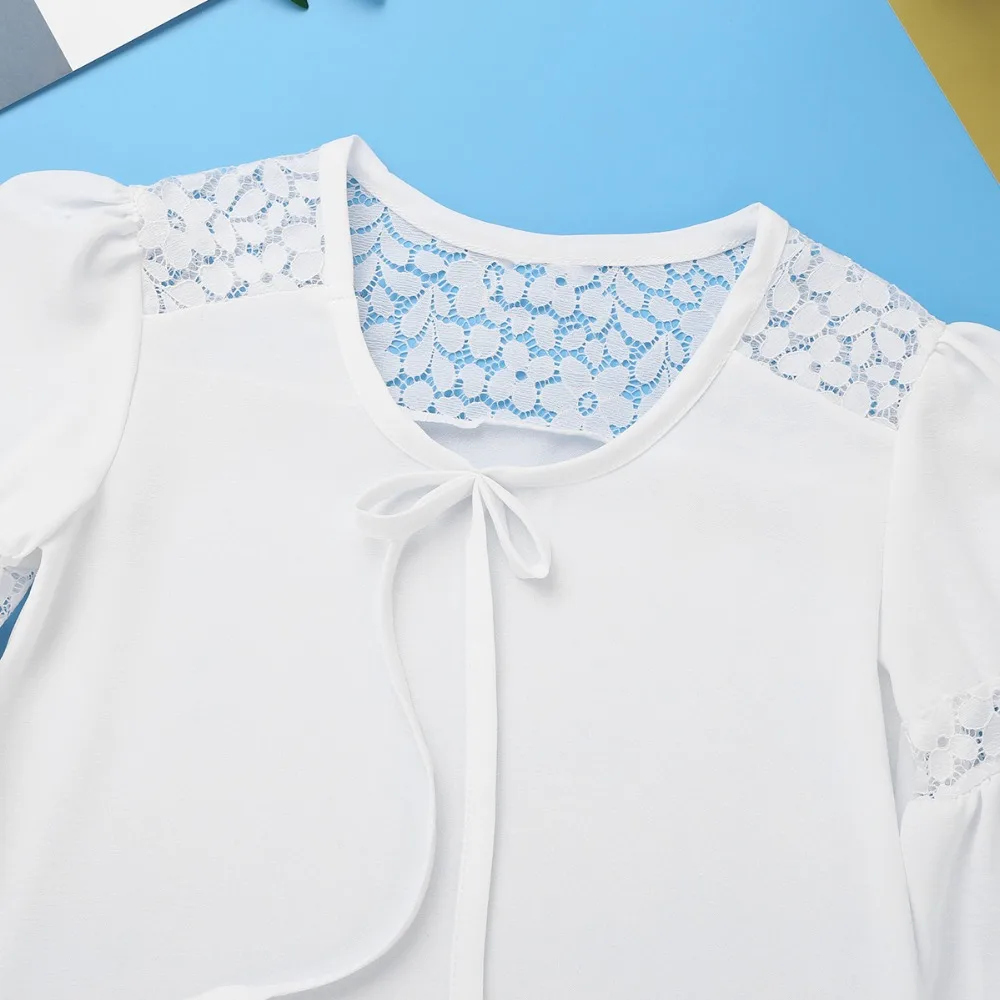 iiniim Kids Girls Bell Sleeves Lace Splice Top White Blouses with Bowtie for Casual Spring Summer Autumn Party Girl Shirts