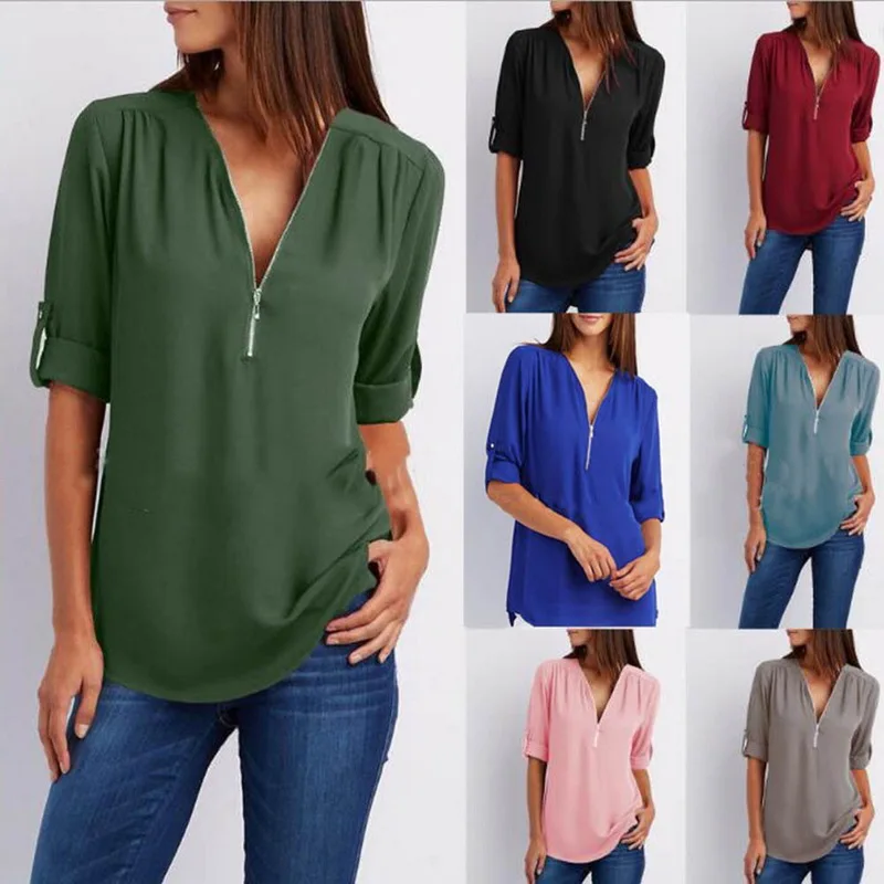 

LASPERAL Solid Zipper Shirt Loose Plus Size 5XL Long Sleeves Chiffon Blusas Tops 2019 New Women Sexy V Neck Casual Summer Blouse