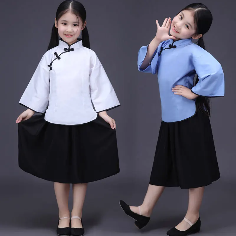 Детский традиционный костюм в китайском стиле, старинная школьная форма для девочек, Блузка+ юбка, детский костюм для групповых танцев, Cosply 16