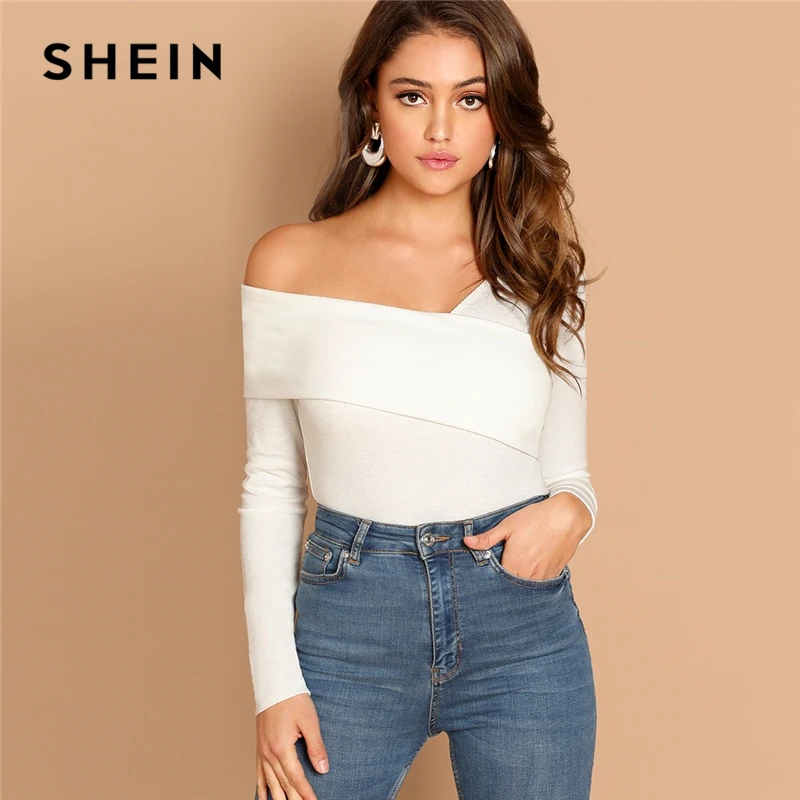 SHEIN, белая Асимметричная Однотонная футболка с круглым вырезом, вязанная в рубчик, приталенный, вечерние, Повседневный пуловер, рубашка с длинным рукавом, осень, женская футболка, Топ