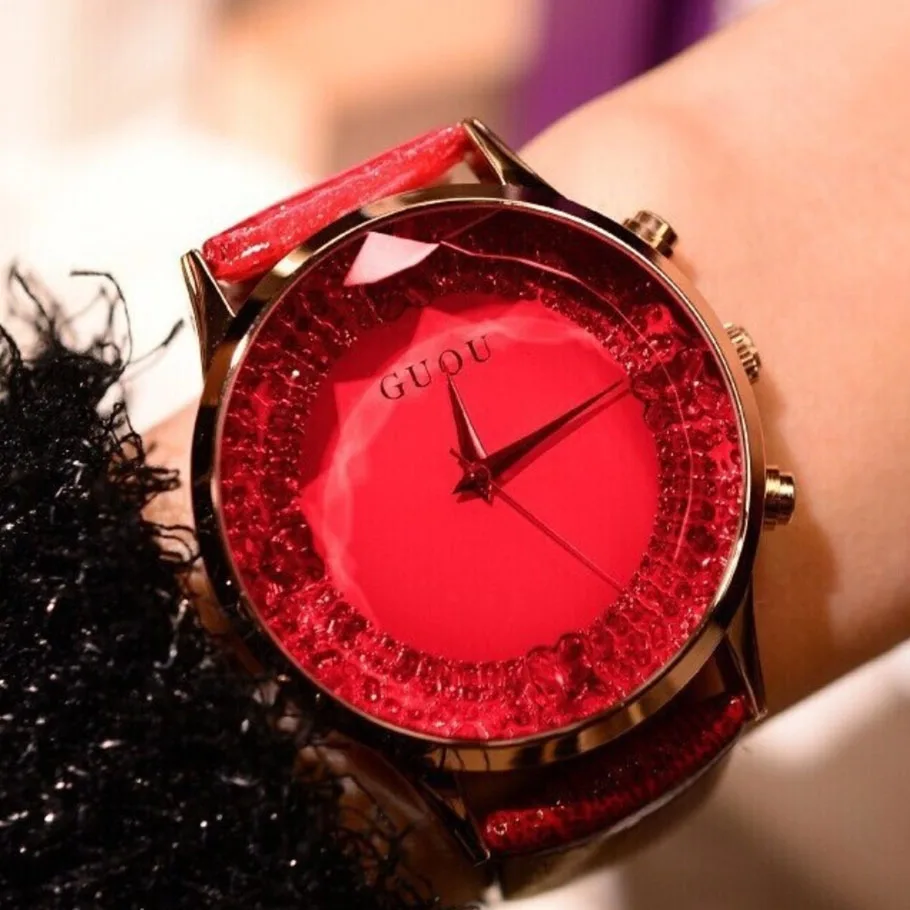 

HK GUOU Brand Quartz Lady watch Rhinestone Waterproof Women's Watch Genuine Leather Upscale Large Dial Luxury Gift Wristwatches