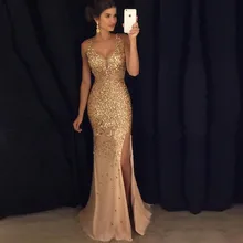 Sparkly Sexy Tiefem V-ausschnitt Mermaid Prom Kleider Bodenlangen Seiten-schlitz Lange Abendkleid Perlen Glänzenden Kristall Party Kleider