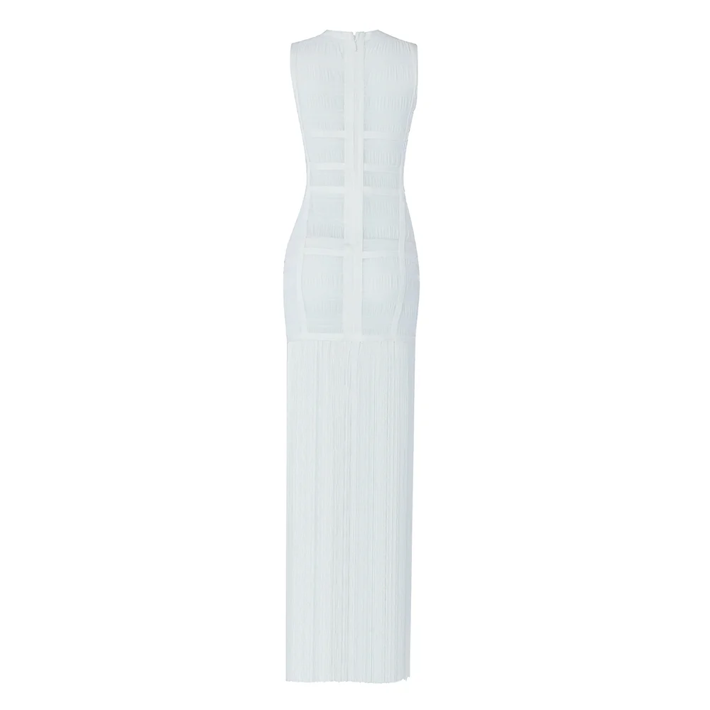 Новое роскошное сексуальное Сетчатое Белое Платье макси с кисточками, длинное Бандажное платье, трикотажные эластичные вечерние платья