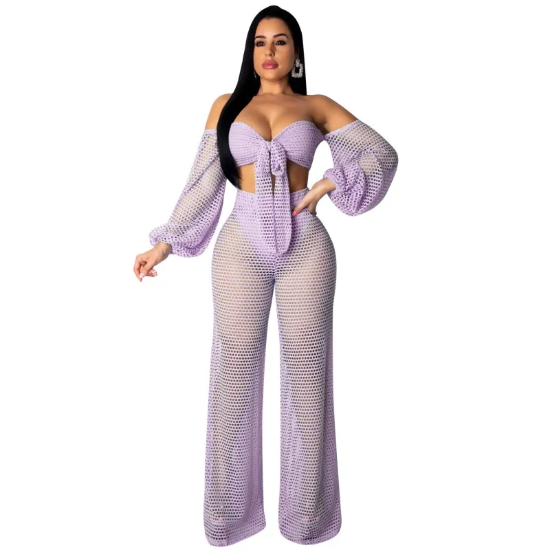 

Women Hollow Out Mesh Sexy Suits Off-Shoulder Lace-Up Crop Tops Two Piece Sets Long Lantern Sleeve Party Outfit