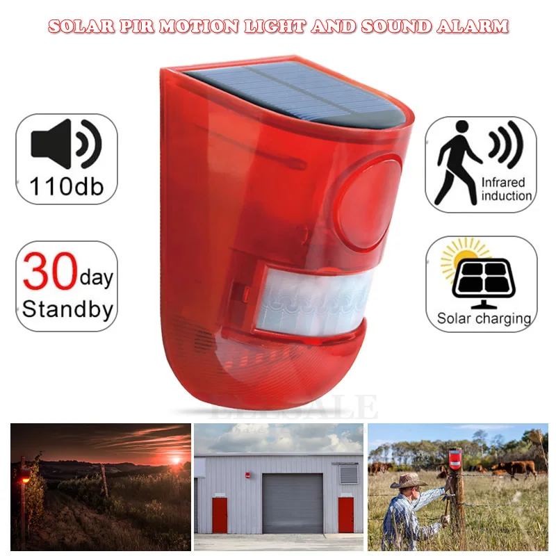 New Solar Infrared Motion Sensor Alarm With 110db Siren Strobe Light For Home Garden Carage Shed Carvan Security Alarm System