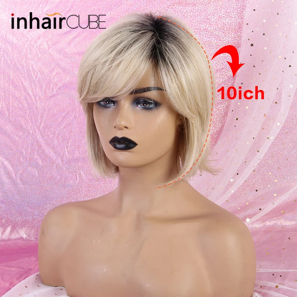 Inhaircube 1" Pixie Cut женские парики Омбре синтетические человеческие волосы с челкой пушистые слоистые натуральные волнистые короткие волосы