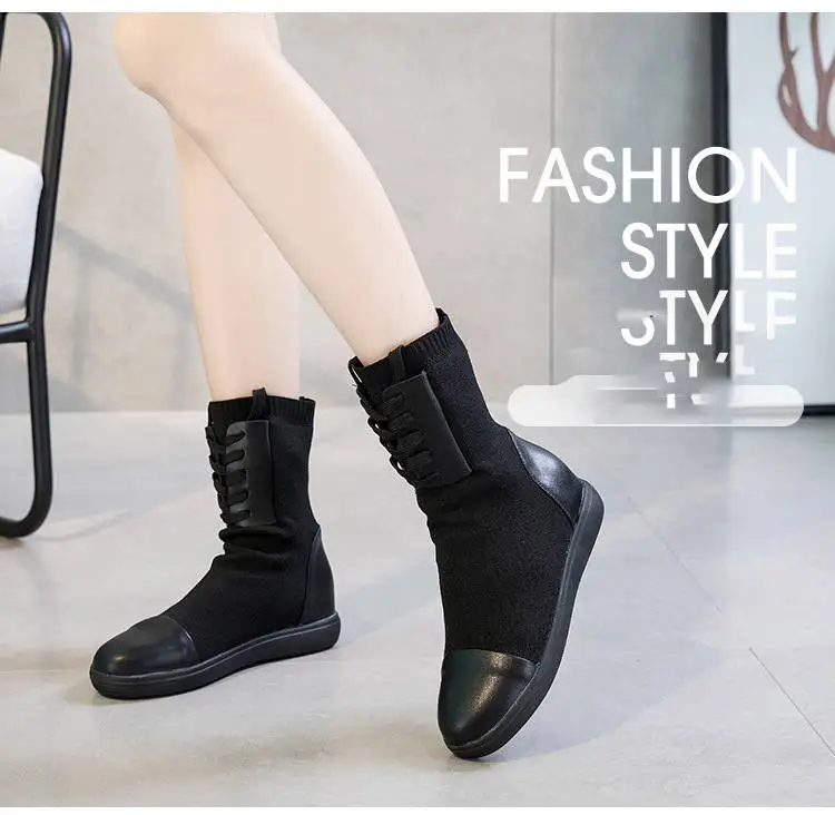 2018 Autumn And Winter Boots Women's Leather Increased Thick Bottom Elastic Boots Med-HeelFashion Winter Ankle Boots WomenM8D156 (3)