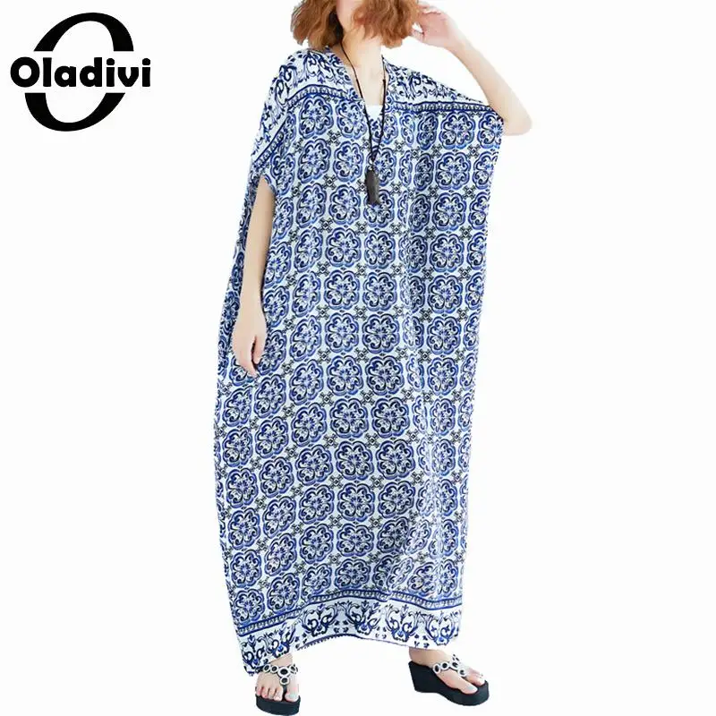 

Oladivi Oversized Women Clothing Fashion Print Summer Boho Long Dress Plus Size Beach Wear Bohemian Maxi Dresses Tunic Vestidios