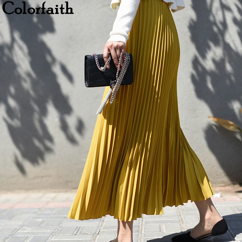 Billig Colorfaith 2019 Frauen Casual Chiffon Maxi Rock Frühling Sommer Falten Multi Farben Mode Ausgestelltes Hohe Taille Lange Röcke SK8075