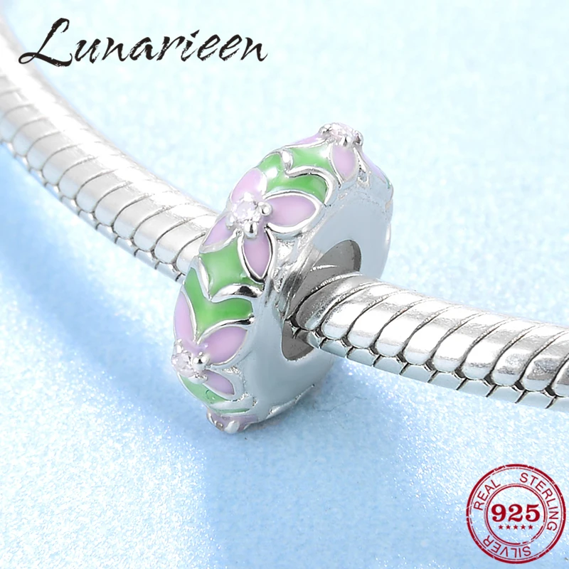 

925 Sterling Silver round shape pink enamel flower fine spacer Stopper beads Fit Original Pandora Charm Bracelet Jewelry making