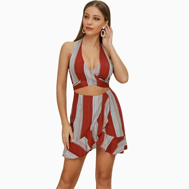 

Sexy Club Dress Women Low Cut Halter Mini Dress Striped Ruffles Navel Party Dress Ladies Slim Fit Elegant Bandage Dresses