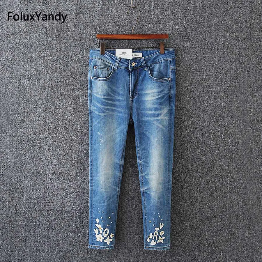 

Summer Jeans Women Plus Size Casual Calf-length Embroidered Flares Slim Skinny Denim Jeans Trousers KK3451