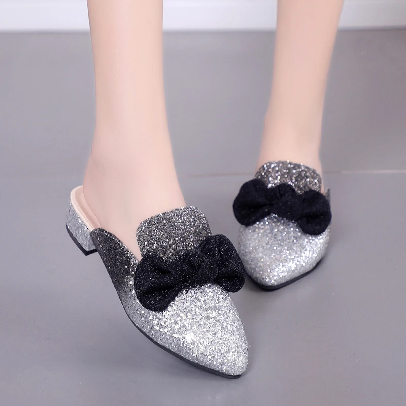 

Women Slippers Bow Tie Female Mules Fashion Low Heels Shoes Pointed Toe Ladies Korean Silk Satin Woman Slipper Size 42 43