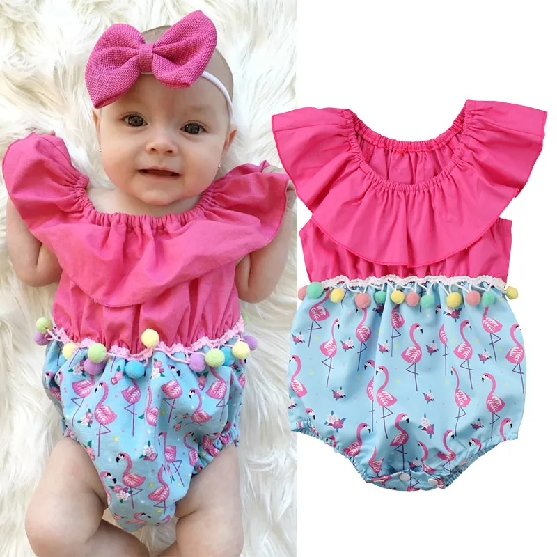 Ruffles Newborn Kids Baby Girl Flamingo Rompers Clothes Summer Cute