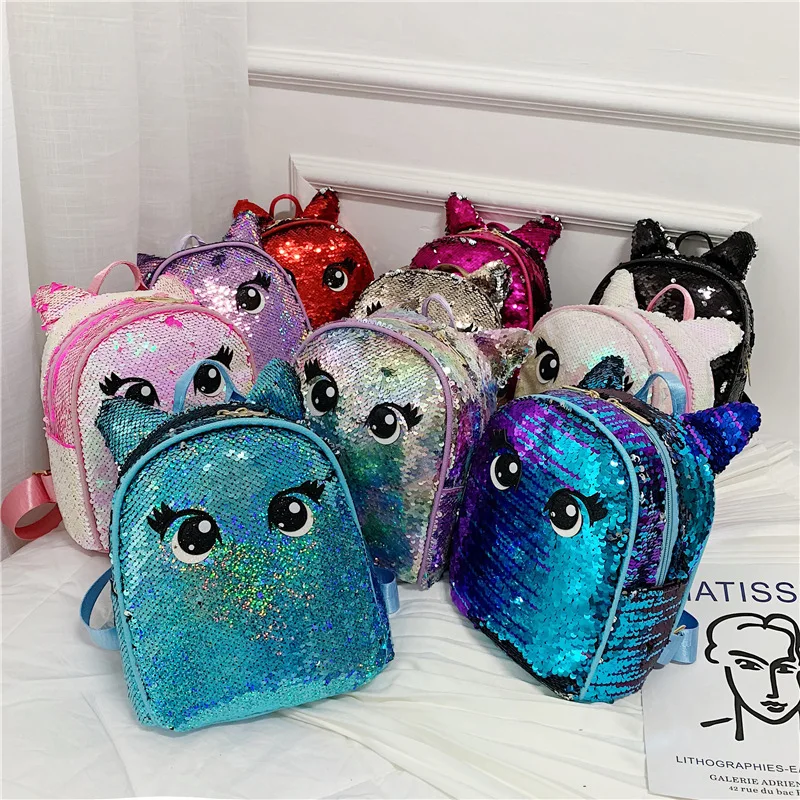 

New 2019 Fashionable Cute Cartoon Girls Glitter Backpack Weomen Laser Sequin Mini Portable Shoulder Pack for Teenager Girls