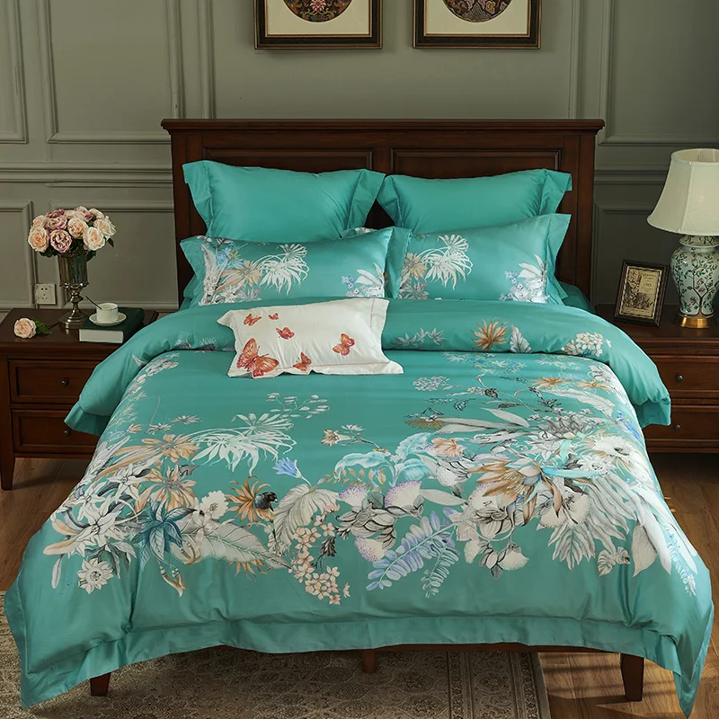 

1000TC Egyptian 100% cotton green butterfly Bedding Sets Queen King Size Duvet Cover Sets Pillowcases Bed Sheets 4pcs bedspreads