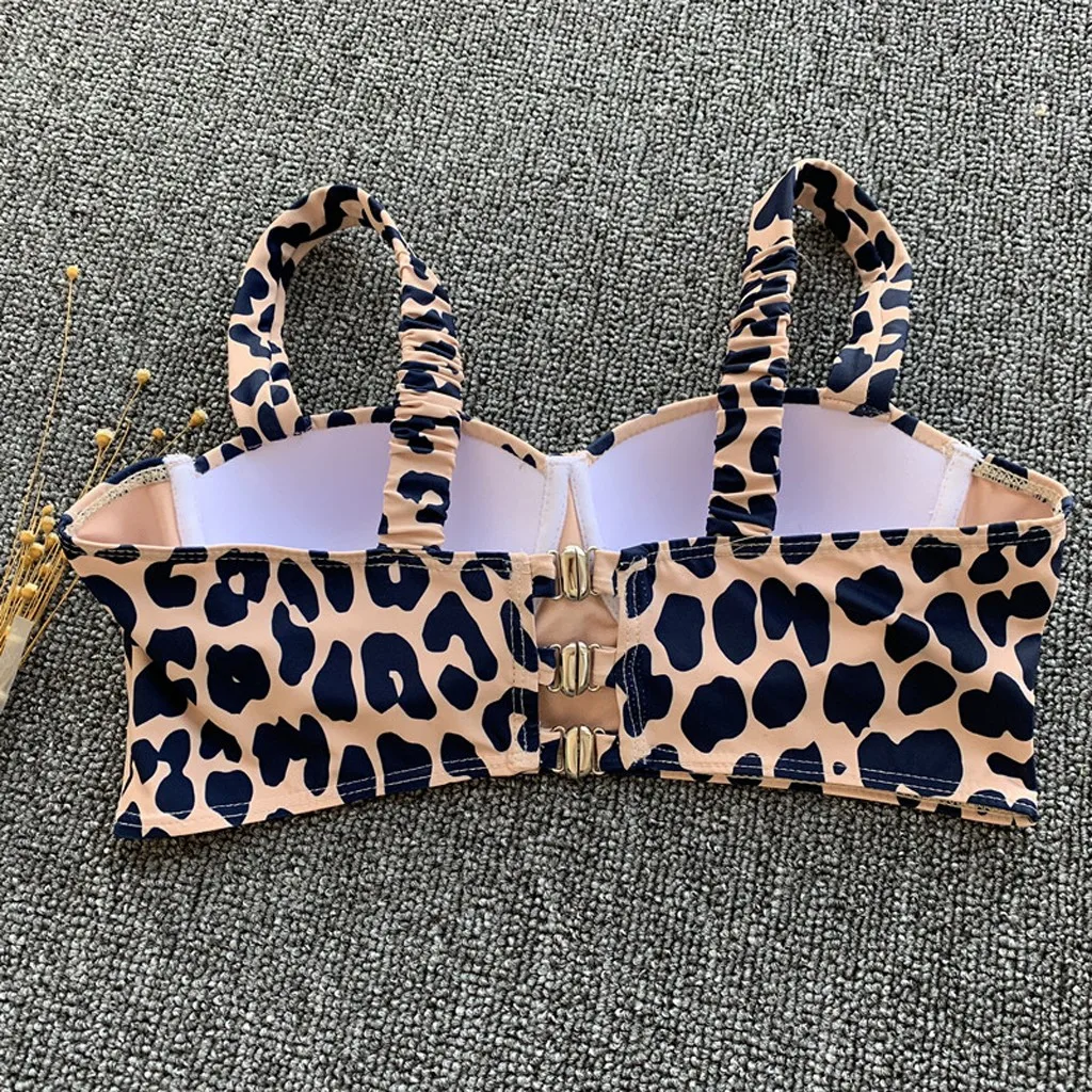 Женский купальник с открытой спиной из двух частей бандажный леопардовым