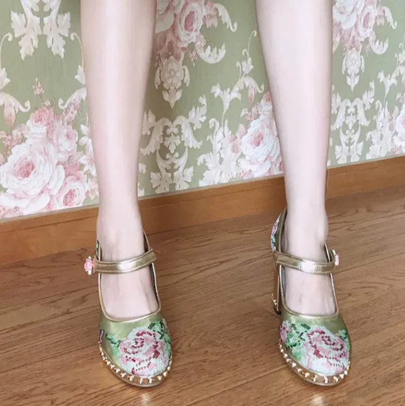 Fête Piste Pic Femmes Tenue Janes Mariage Chaussures Floral Rond Épais Mary Or As Pompes Pour Broder Maille Talons Bout De Rivet OxqRwnvptw