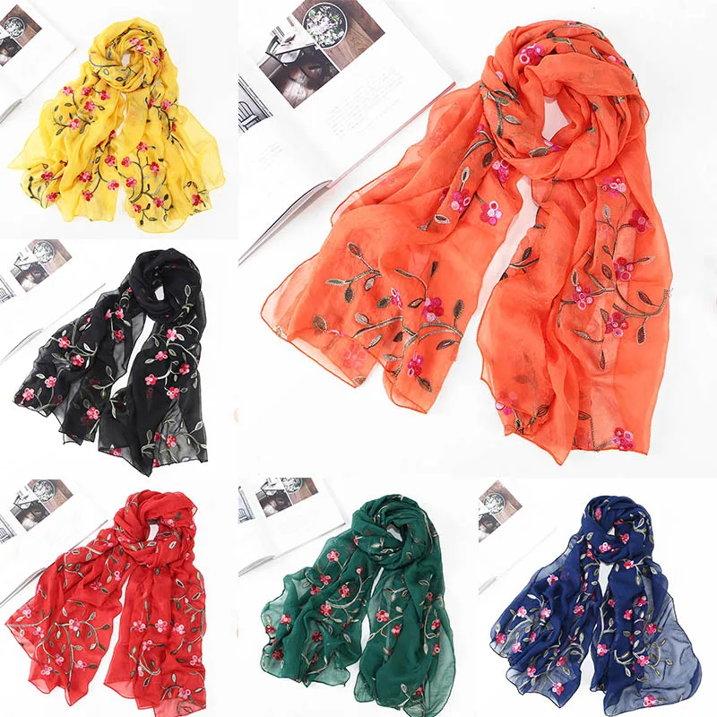 

2018 new popular shawl scarf embroidered fashion long cotton scarf Muslim headscarf print tulle flower embroidery beach shawl