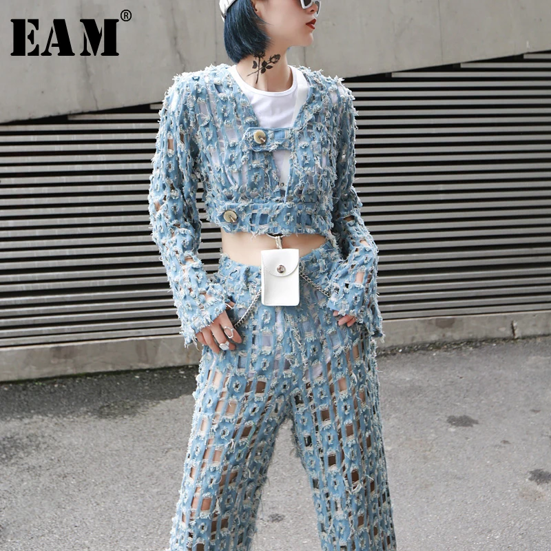 

[EAM] 2019 New Spring Summer V-neck Long Wide Sleeve Hollow Out Personality Loose Denim Jacket Women Coat Fashion Tide JY322