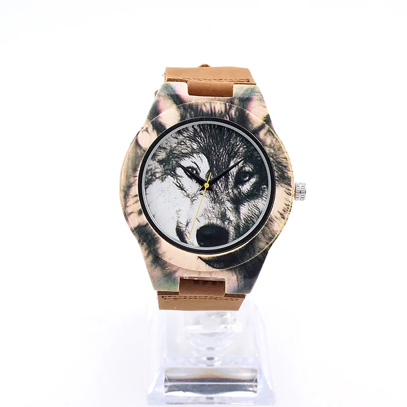 ФОТО BOBOBIRD J21 Fashion Bamboo Quartz Mens Wristwatch Relogio UV Priting Realistic Wolf Leather Band Watch Top Brand Luxury As Gift