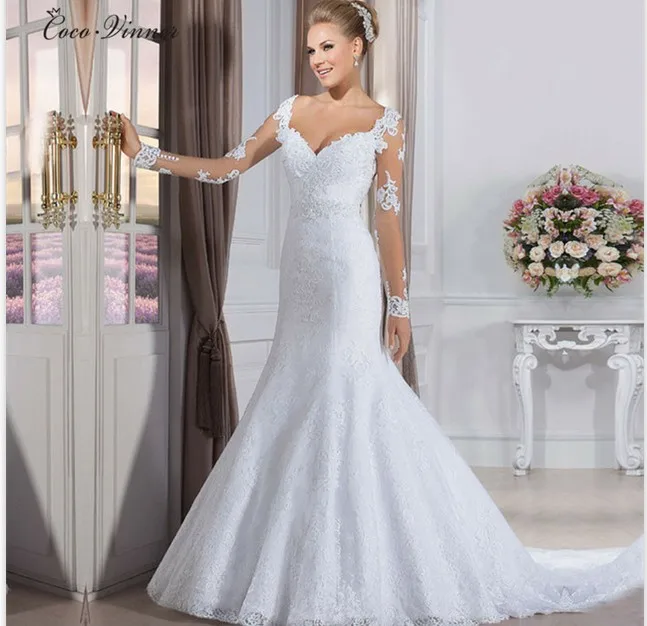 

vestido de noiva Long Sleeves mermaid wedding dresses Tulle Back Sexy mermaid wedding Gowns Robe de mariage