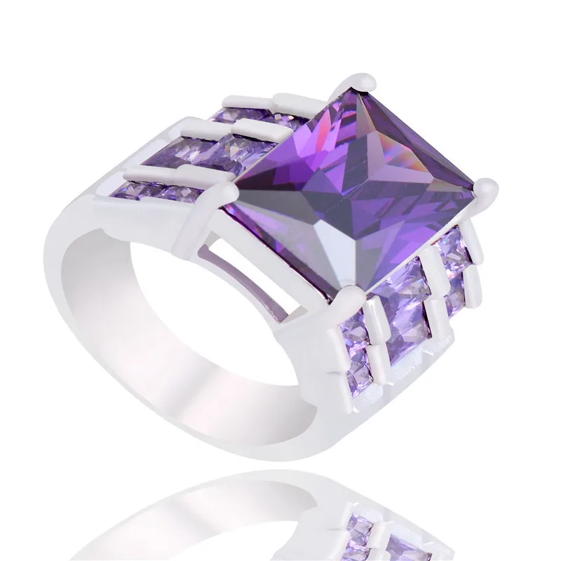 

QCOOLJLY New Sale 1pc Charming Purple Square Classic Silver Color Popular CZ Ring For Women Size 7-10