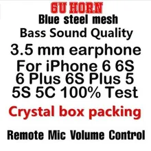 Высококачественный 200 шт/партия 3,5 мм в уши 6U рожок стальной сетчатый наушник гарнитура с Дистанционный микрофон Регулятор громкости для iphone 5 6 6s plus