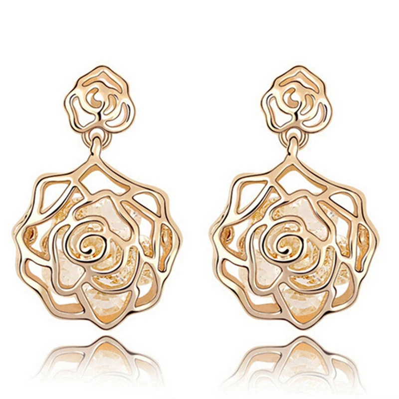 

Vintage Rose Flower Earrings For Women Classic Metal Long Stud Earrings Fashion Brand Wedding Party Bridal Jewelry Gift