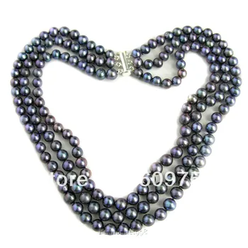 

Free deliver jewelry GENUINE MULTI STRAND 7MM BLACK COLOR CULTURED FRESHWATER PEARL NECKLACE Silver hook necklaces