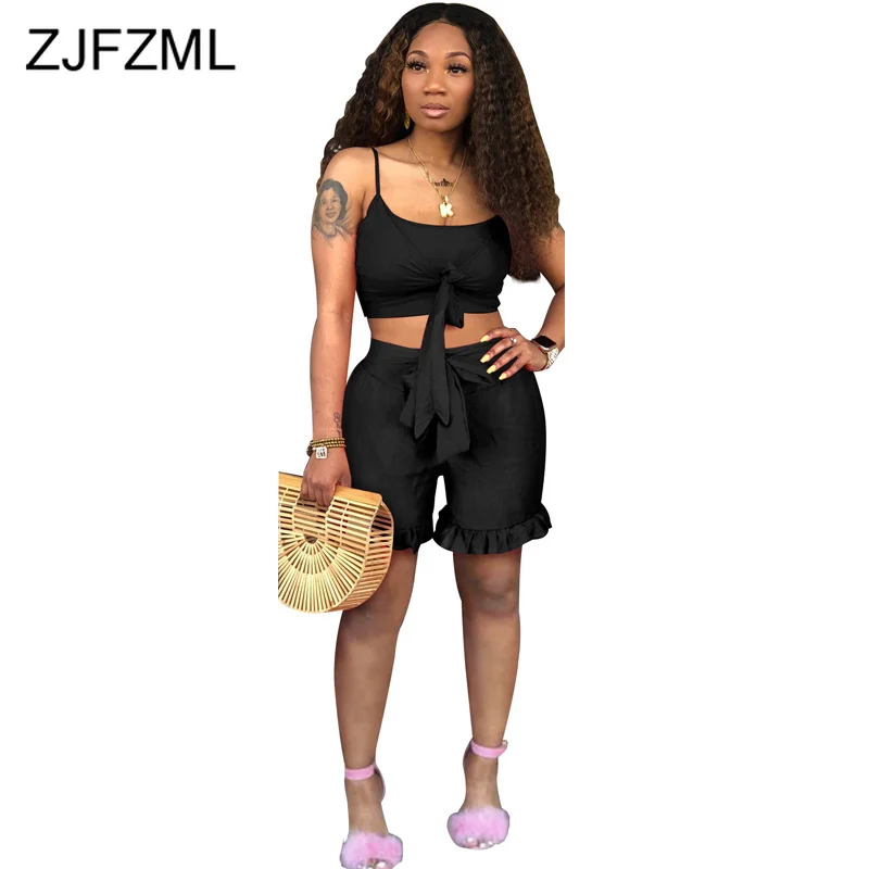 

Sexy Two Piece Outfit Summer Clothes For Women Spaghetti Strap Tie Up Crop Top+Ruffle Biker Short 2 Piece Matching Set Tracksuit