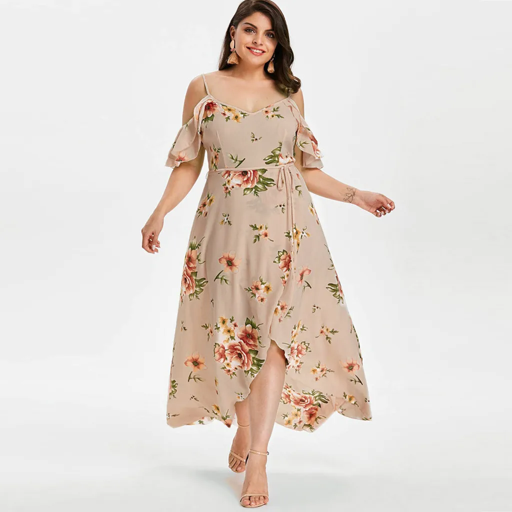 

FREE OSTRICH Dress Women Fashion Plus Size Women Casual Short Sleeve Cold Shoulder Boho Flower Print Long Dress Women Summer